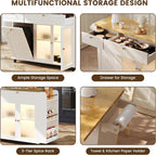 COCO DESIGN 58" Rolling Kitchen Island with Power Outlet, LED Light, Drop Leaf & Storage, Mobile Kitchen Cart with Trash Cabinet, Spice Rack & Towel Rack, White