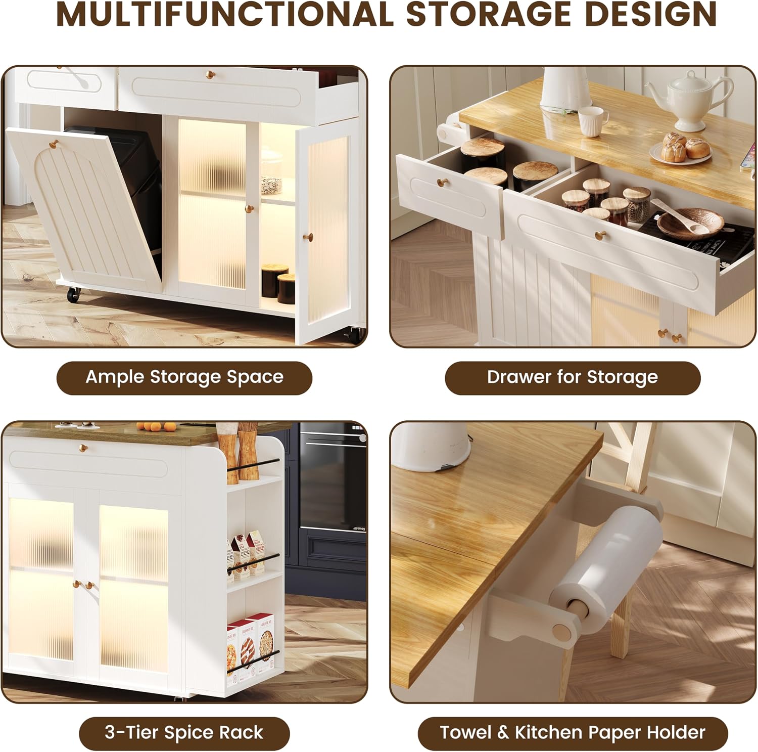 COCO DESIGN 58" Rolling Kitchen Island with Power Outlet, LED Light, Drop Leaf & Storage, Mobile Kitchen Cart with Trash Cabinet, Spice Rack & Towel Rack, White