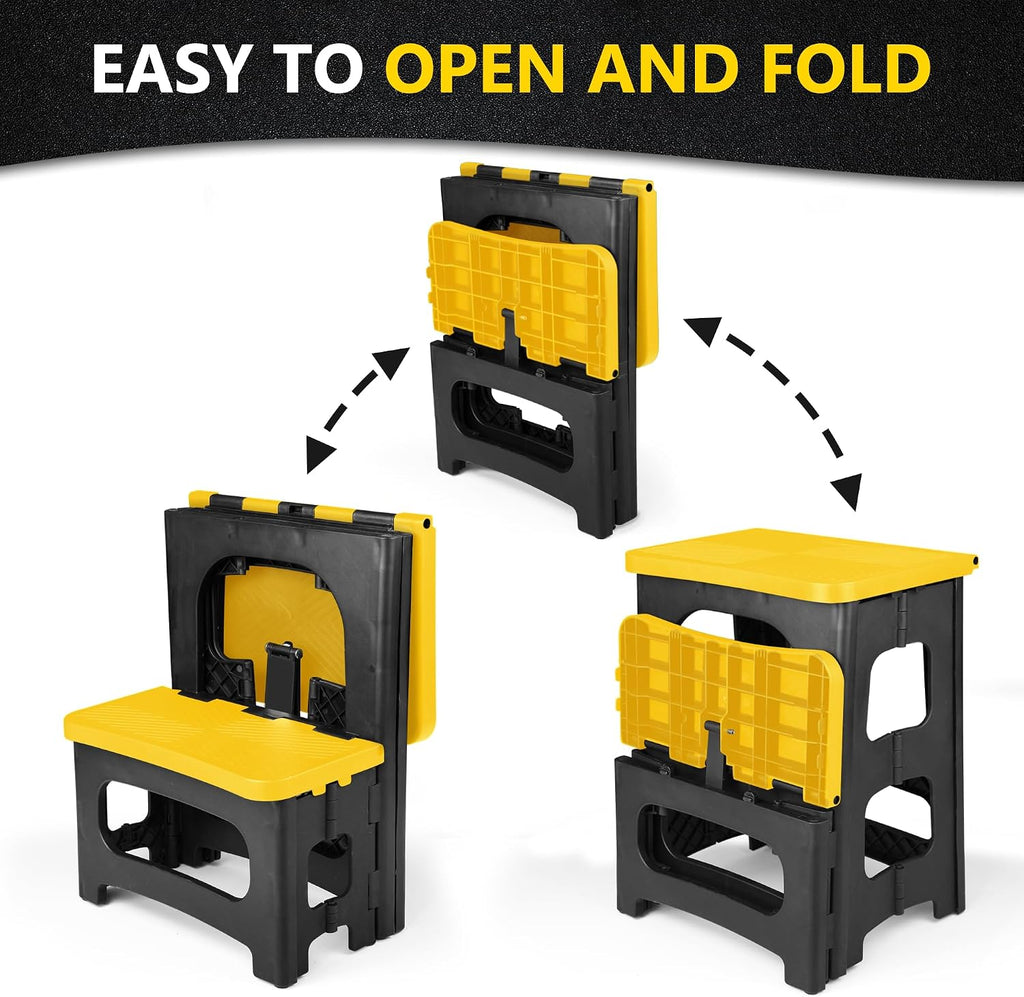 2 Step Folding Stool 250 lb Capacity Non Slip Foldable Step Stool 8 and 17 Inch Heavy Duty Portable Foot Stool for Kitchen Bathroom RV Yellow