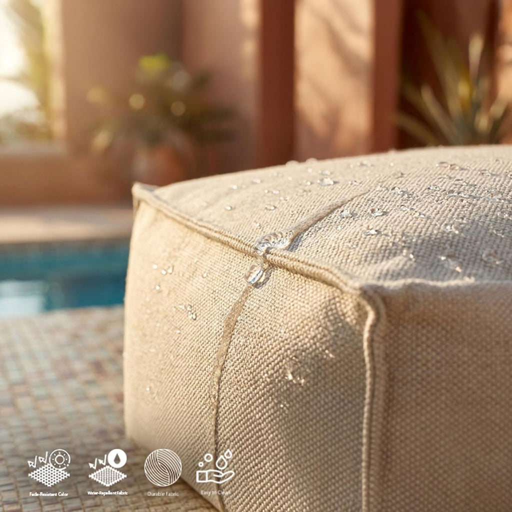 Gouchee Home Chamonix Rectangular Outdoor Pouf, Blue - Foot Stool, Stuffed Ottoman Bean Bag Chair - Plush, Stylish, Lightweight, and Comfortable Furniture Accessory with Water-Proof Fabric