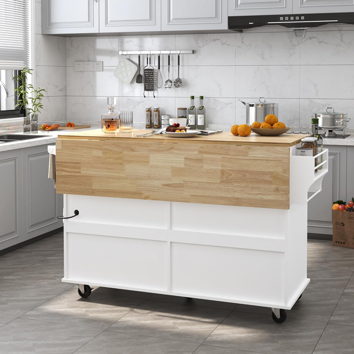 Squireewo 59" Kitchen Cart with Wood Top and Drop Leaf Breakfast Bar, Rolling Mobile Kitchen Island Table on Wheels with Drawer and Storage Cabinet, Spice Rack, Towel Rack, White