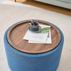 2-Piece Ball & Cast Nesting Storage Ottomans with Wooden Tray, Round Linen Upholstered Ottoman Bench and Coffee Table Set, 22.75 Inch Multi-Functional Footstool for Living Room (Blue)