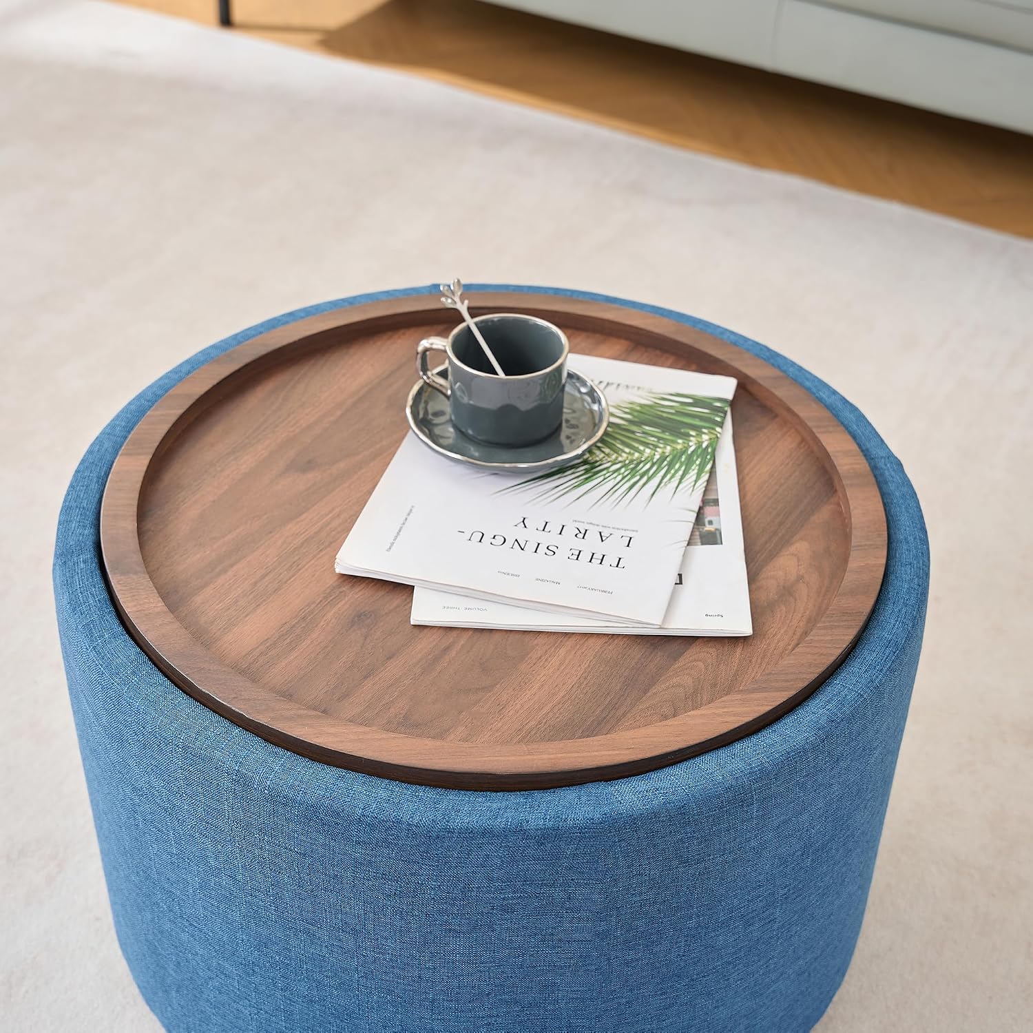 2-Piece Ball & Cast Nesting Storage Ottomans with Wooden Tray, Round Linen Upholstered Ottoman Bench and Coffee Table Set, 22.75 Inch Multi-Functional Footstool for Living Room (Blue)