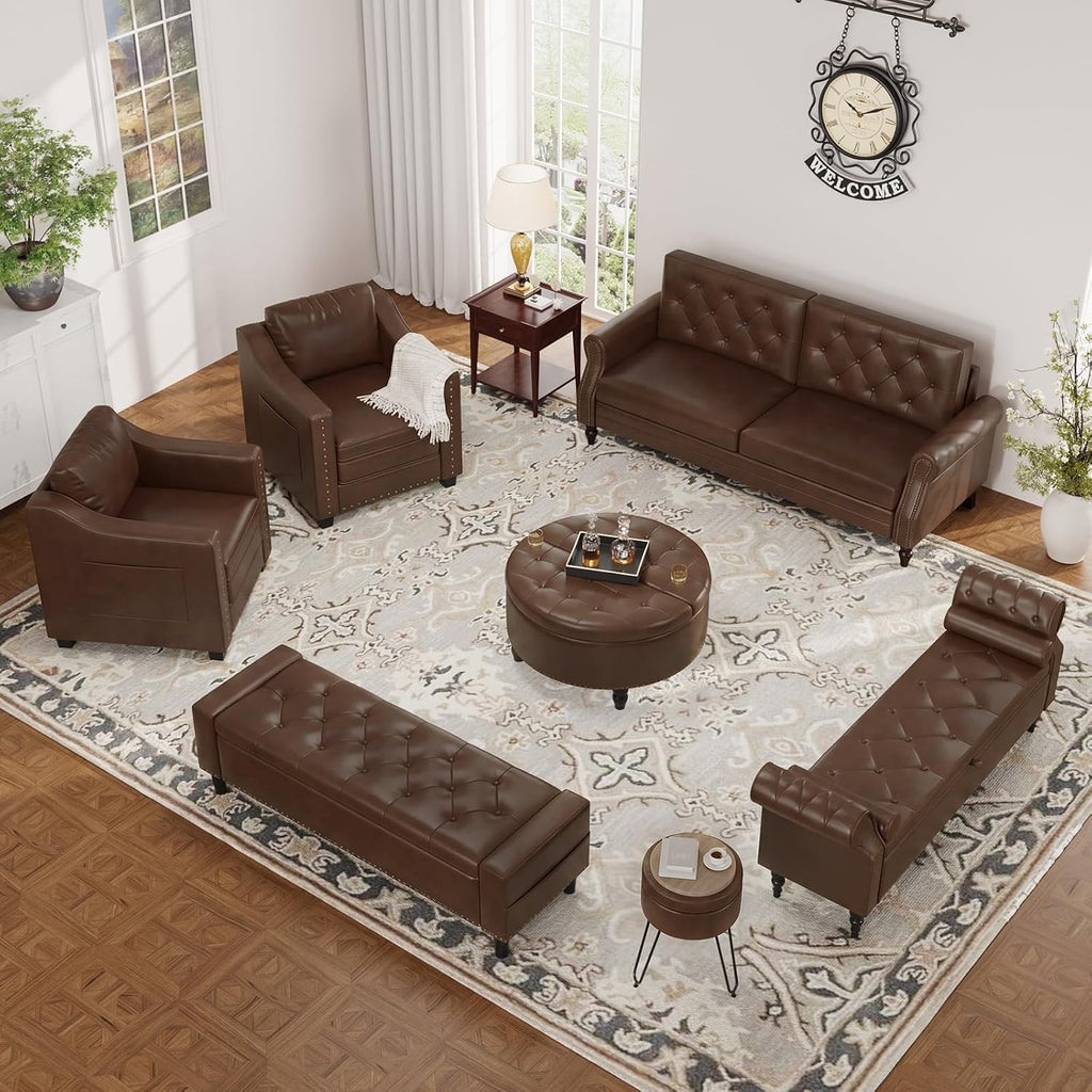 FiveWillowise 65" End of Bed Storage Bedroom Bench with Storage,Faux Leather Storage Ottoman Bench with Rolled Arms and Nailhead Trim for King Size End of Bed,Entryway,Living Room,Chocolate