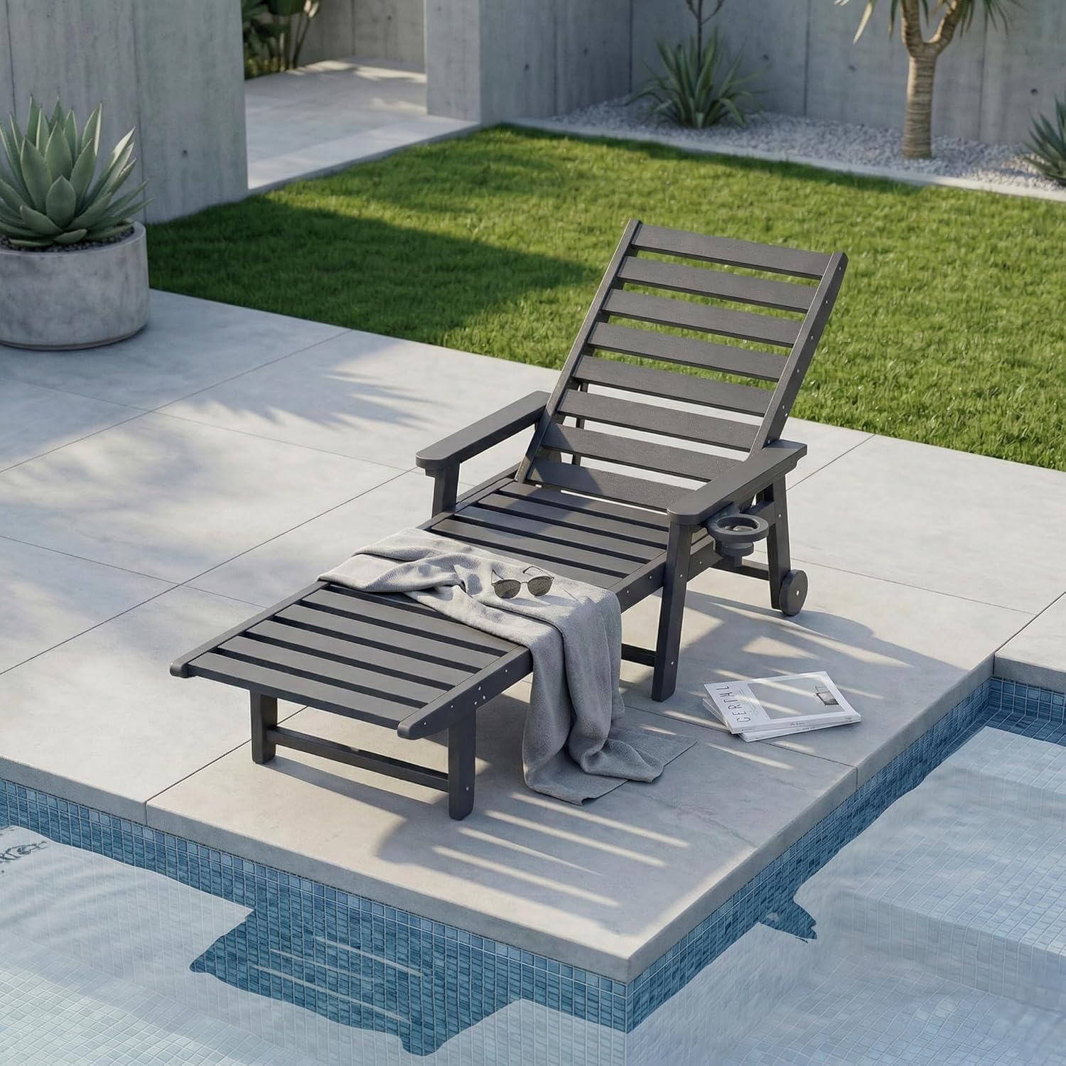 5-Position Adjustable Lounge Chair Outdoor, HDPE Outdoor Chaise Lounge with Cup Holder & Wheels, Pool Lounge Chairs for Poolside, Beach, Deck, Grey