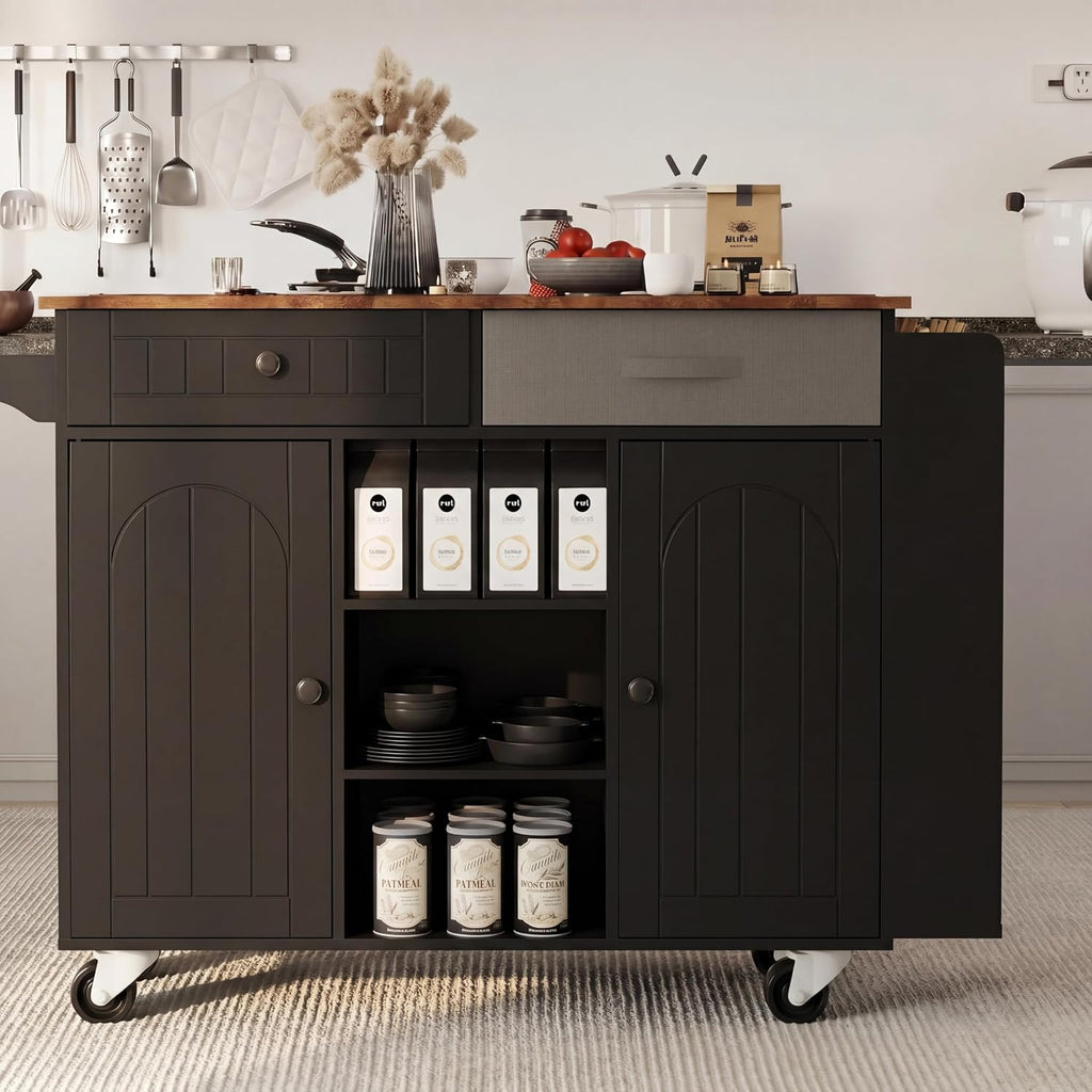53" Length and 27.5" Width Rolling Kitchen Island with Storage, Portable Kitchen Island with Seating (Set of 2), Drop Leaf and 5 Wheels, Black