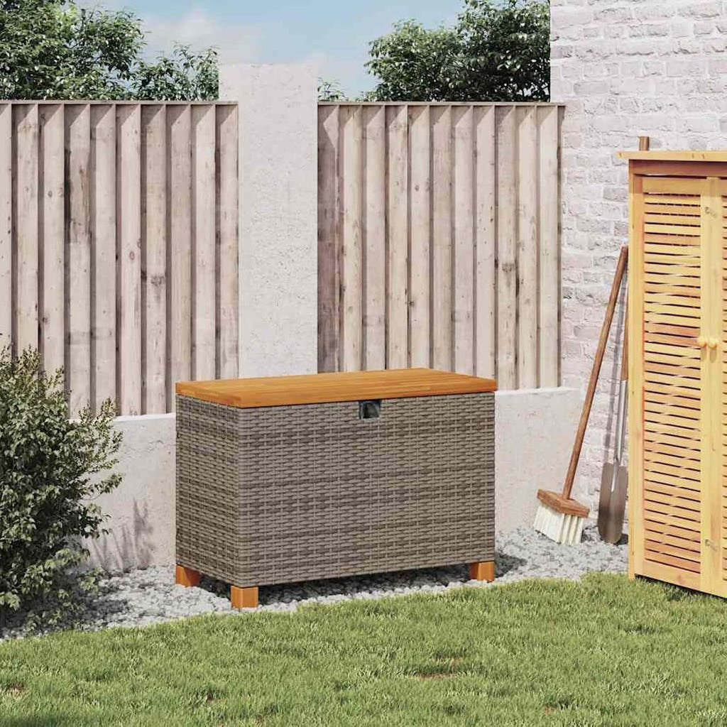 Gecheer Garden Storage Box, Poly Rattan Bench with Acacia Wood Top, 80x40x48 cm Outdoor Storage Seat for Patio Garden
