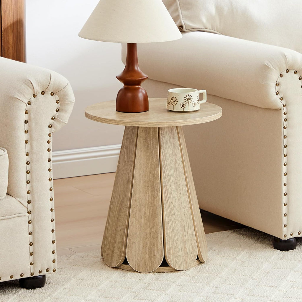 Small Round End Table Nightstand, Mid Century Modern Side Table with Petal Base, Wood Bedside Table for Bedroom, Living Room, Small Space Natural
