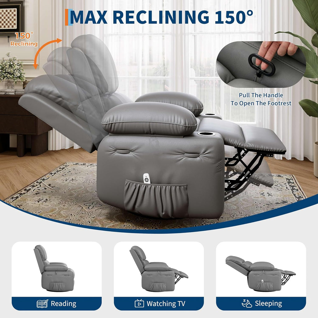 Garvee Oversized Swivel Rocker Recliner Chair - Heat and Massage, Leather Manual Recliner for Adults, Lazy Chair with Cup Holders, Comfort Arms and Back Single Sofa for Living Room