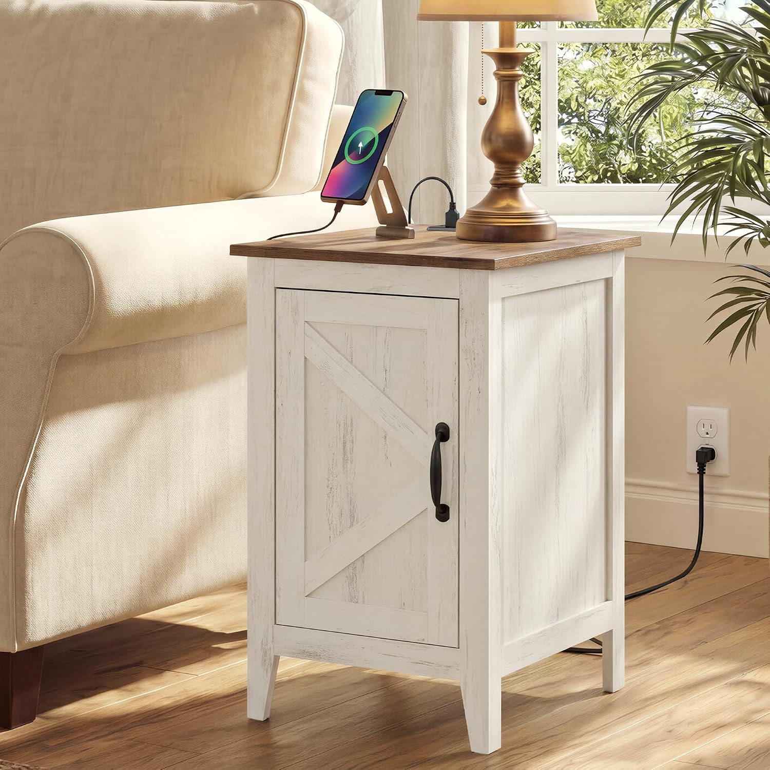 VASAGLE LIRY Collection - End Table with Charging Station, Side Table with Storage Cabinet, Night Stand for Living Room, Bedroom, Home Office, Rustic White and Honey Brown ULET131W101S