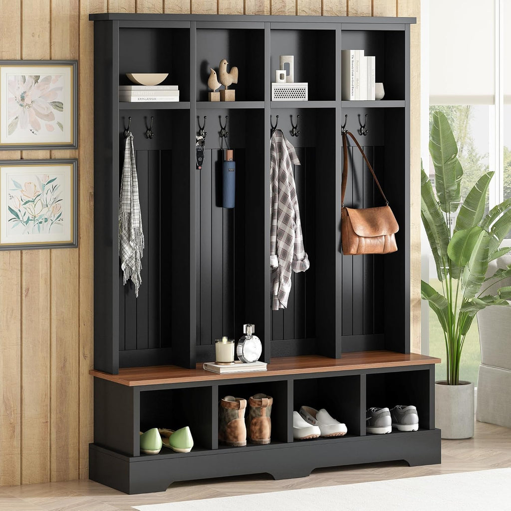 SOFTSEA 59 Inch Wide Hall Tree with Storage Bench, Farmhouse Entryway Bench with 8 Hooks and Storage Shelves, Modern Coat Rack with Shoe Cabinets for Mudroom, Living Room, Black