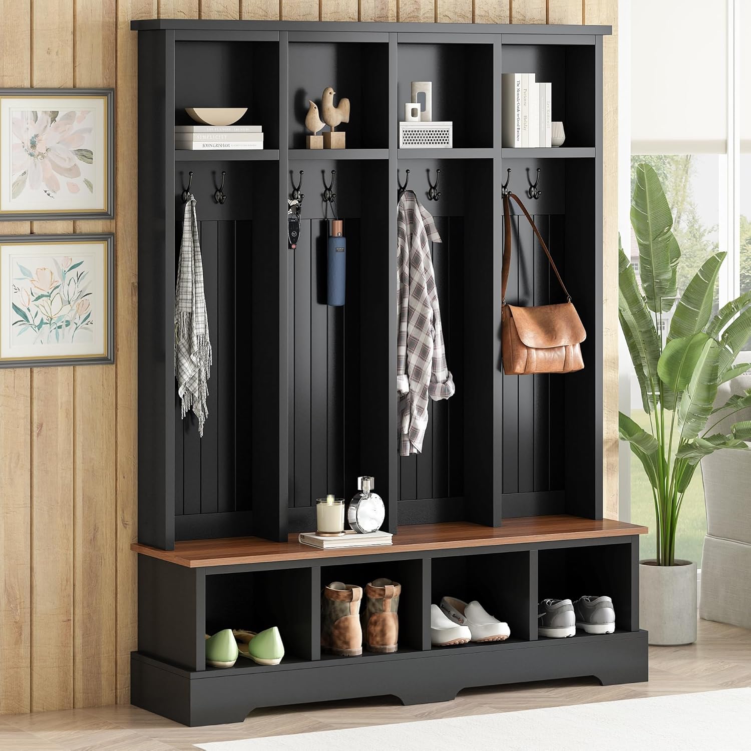 SOFTSEA 59 Inch Wide Hall Tree with Storage Bench, Farmhouse Entryway Bench with 8 Hooks and Storage Shelves, Modern Coat Rack with Shoe Cabinets for Mudroom, Living Room, Black