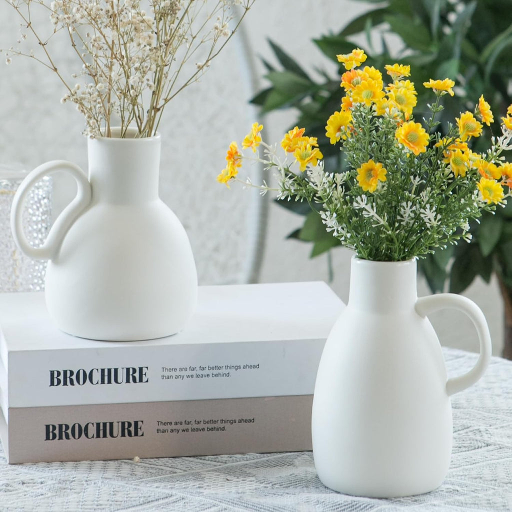 Tanvecle White Ceramic Vase Set - 2 Small Vases with Handle, Pottery Vases for Modern Home Decor, Minimalist Matte Pitcher for Fowers, Decorative Clay Vase Centerpiece Dining Table Decorations