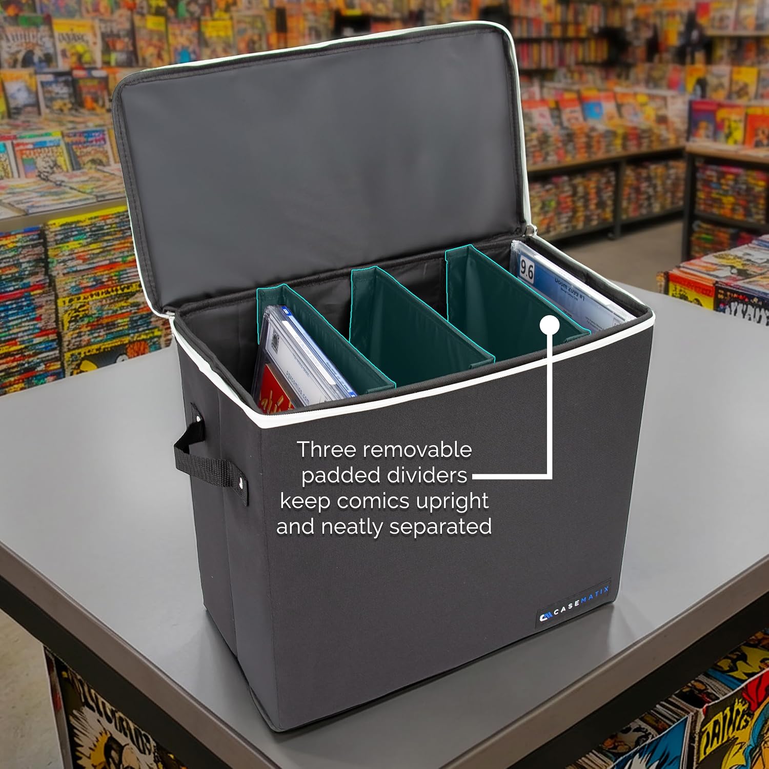 CASEMATIX Graded Comic Book Storage Bin – Protective Organizer Case Fits 28 CGC Graded Comics, Pro Collector Edition with 3 Internal Dividers, Built-In Zipper, Carry Handles & Stackable Design