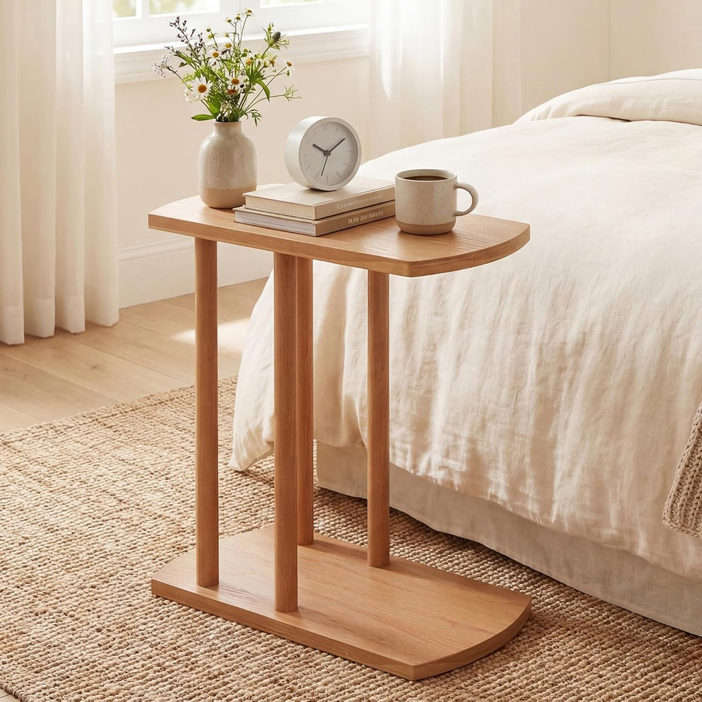 COSTWAY Solid Teak C-Shaped Side Table, Natural Slim 2-Tier End Table with Thick Top & Stable Base, Space-Saving Couch Table for Living Room Bedroom Small Spaces (1)