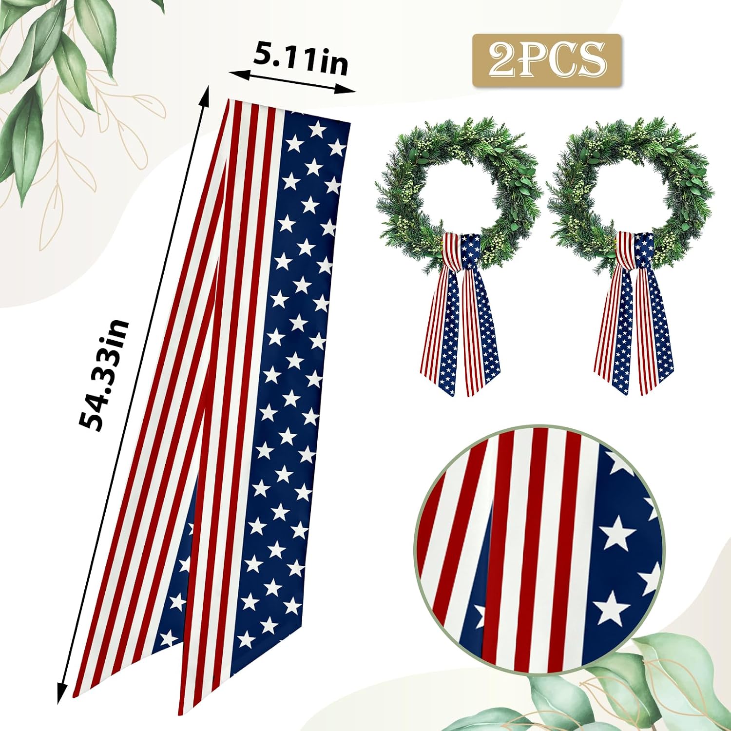 2pcs Patriotic Wreath Sash for Front Door Red White Stripe Wreath Satin Sash Star Garland Ribbon Accessories for Wreath Yard Doorway Indoor Outdoor Bow Bridal Shower Home Decor,5.1 x 54.3