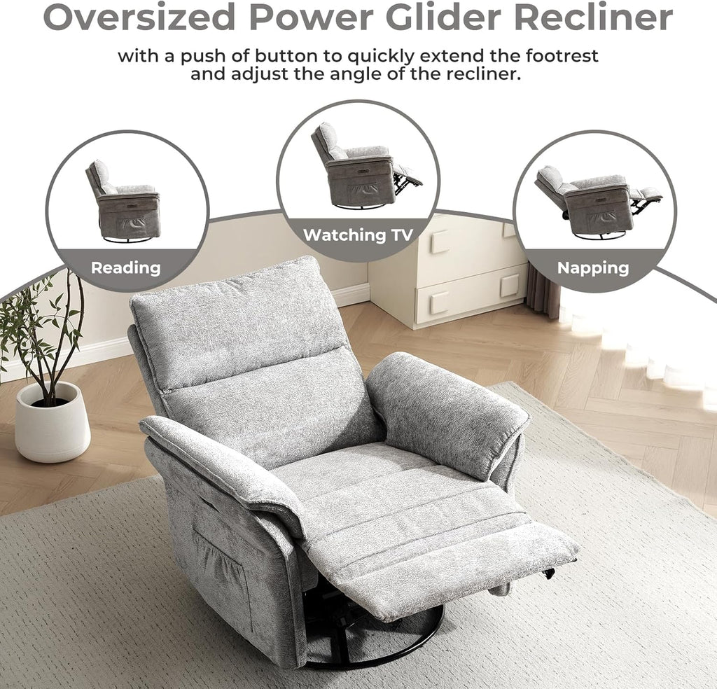Power Swivel Rocker Recliner, Glider Recliner Nursery Chair with Massage and Heat, Nursery Rocking Chairs with Adjustable Headrest for Living Room，USB Ports,Side Pockets,Chenille Light Grey