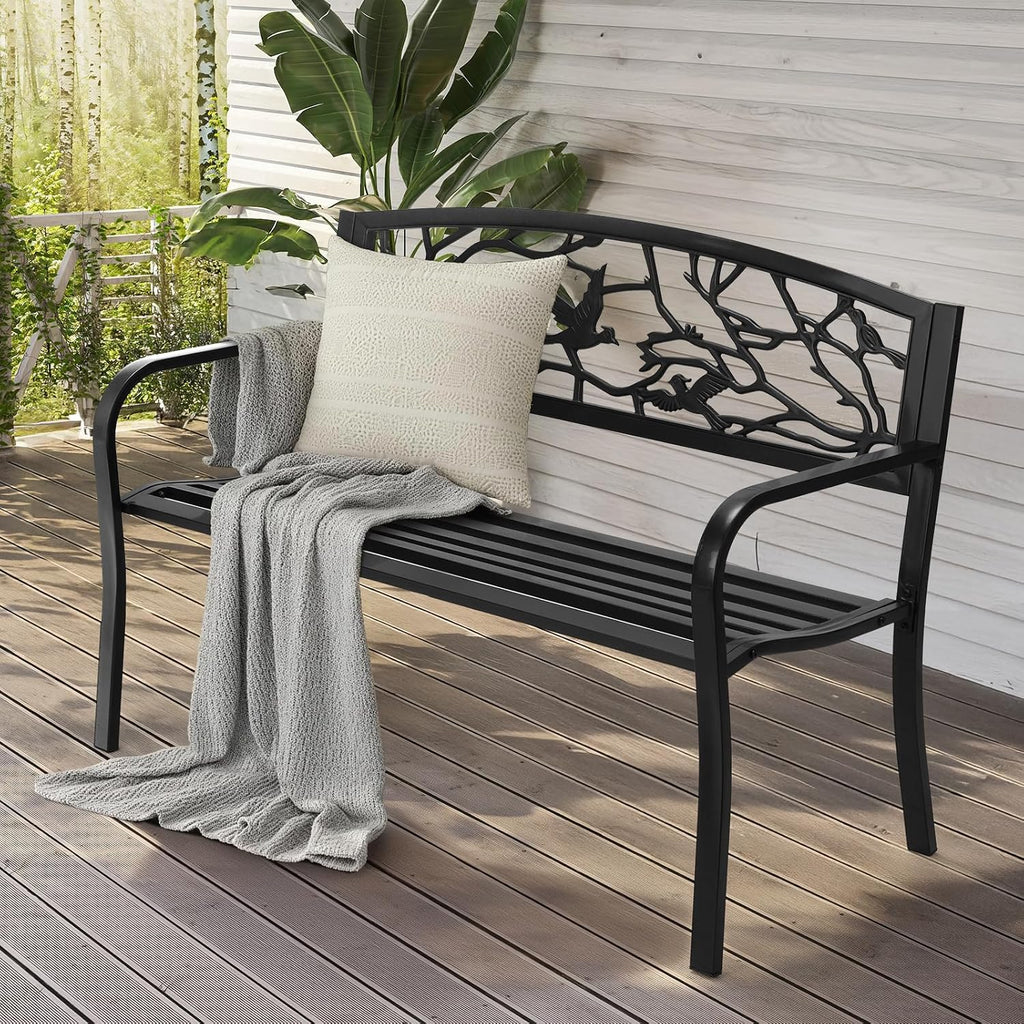 Outvita Outdoor Bench, 50" Iron Steel Frame Garden Bench with Magpie Pattern and Plastic Backrest Armrests, Patio Bench for Garden Park Yard Front Porch Patio, Black
