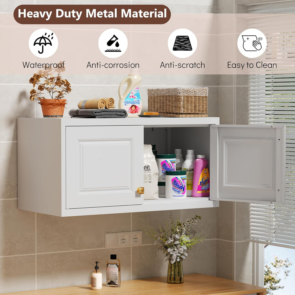 Polup Wall Cabinet with Doors，Pantry Cabinets for Kitchen Storage, Small Top Cabinet, for Dining Room, Living Room, Bathroom, 16" D x 32" W x 15" H, White, Assembly Required