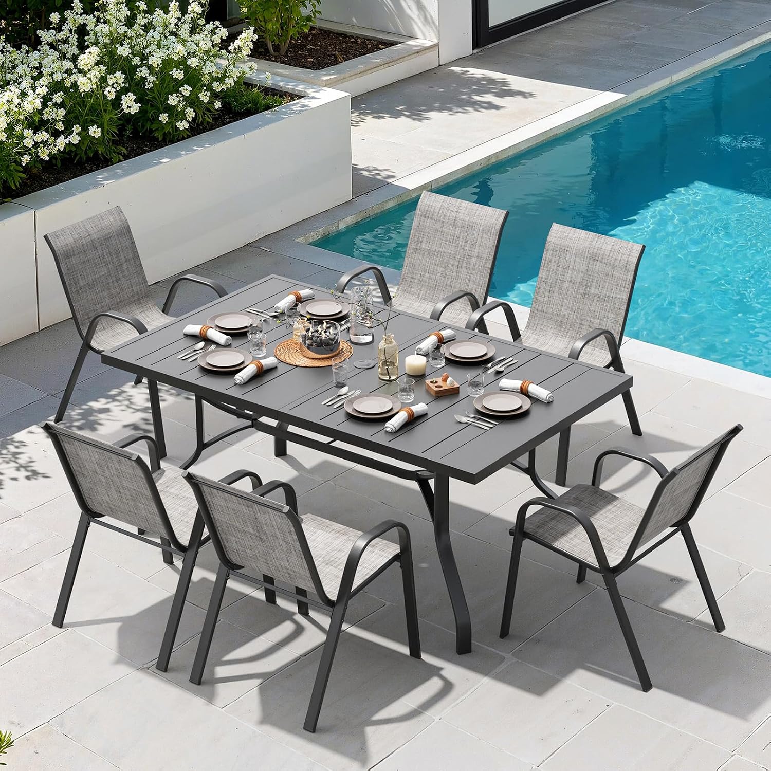 Soohow Outdoor Dining Table 60"x35", Rectangle Patio Dining Table with 1.57" Umbrella Hole, Outdoor Metal Furniture for Patio, Graden, Backyard and Poolside, Weather-Resistant
