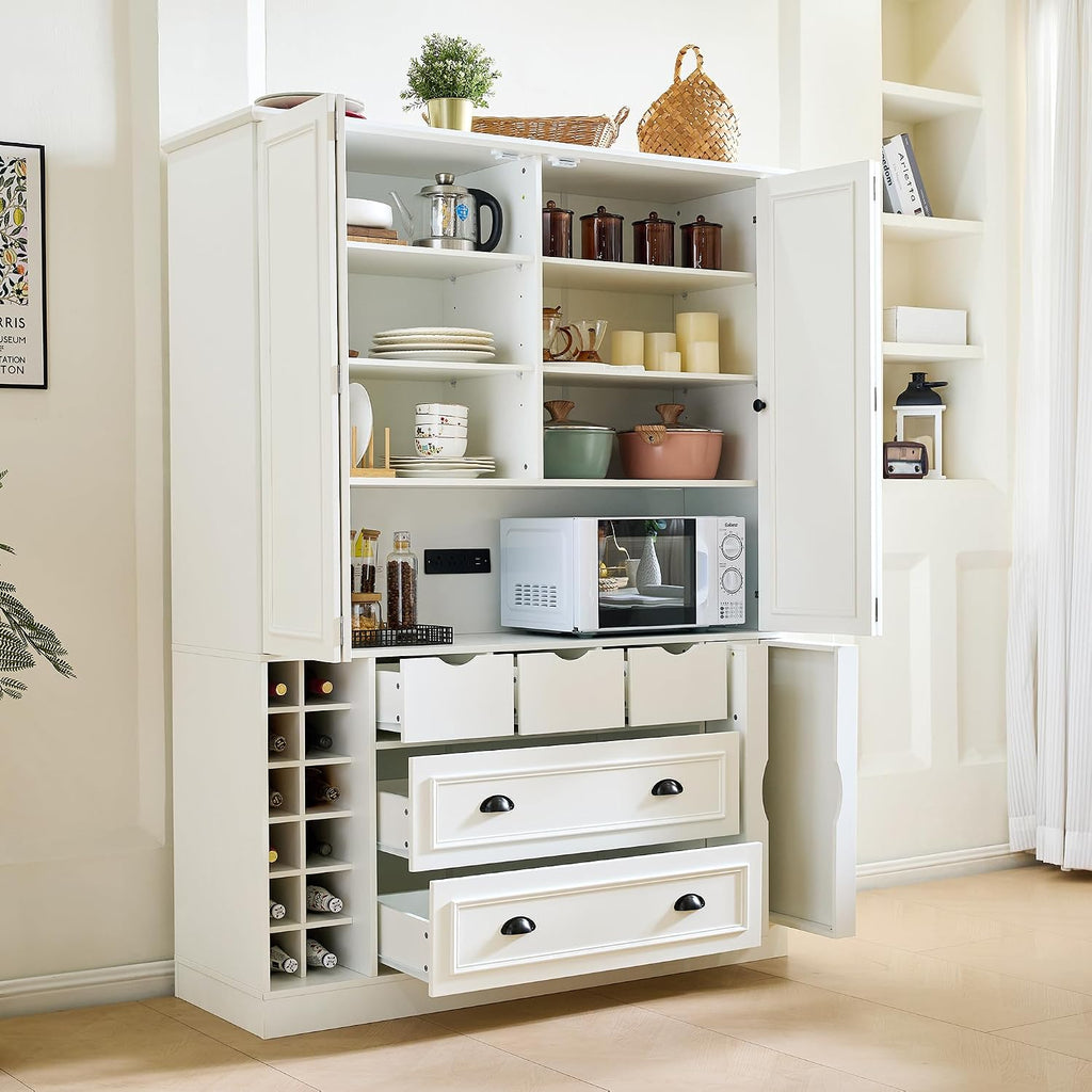 Farmhouse 71''H Large Kitchen Pantry,Deepen Dining Storage Cupboard with 4 Foldable Doors,Power Outlet, Shelves, Wine Racks and Serving Trays (White/FD)