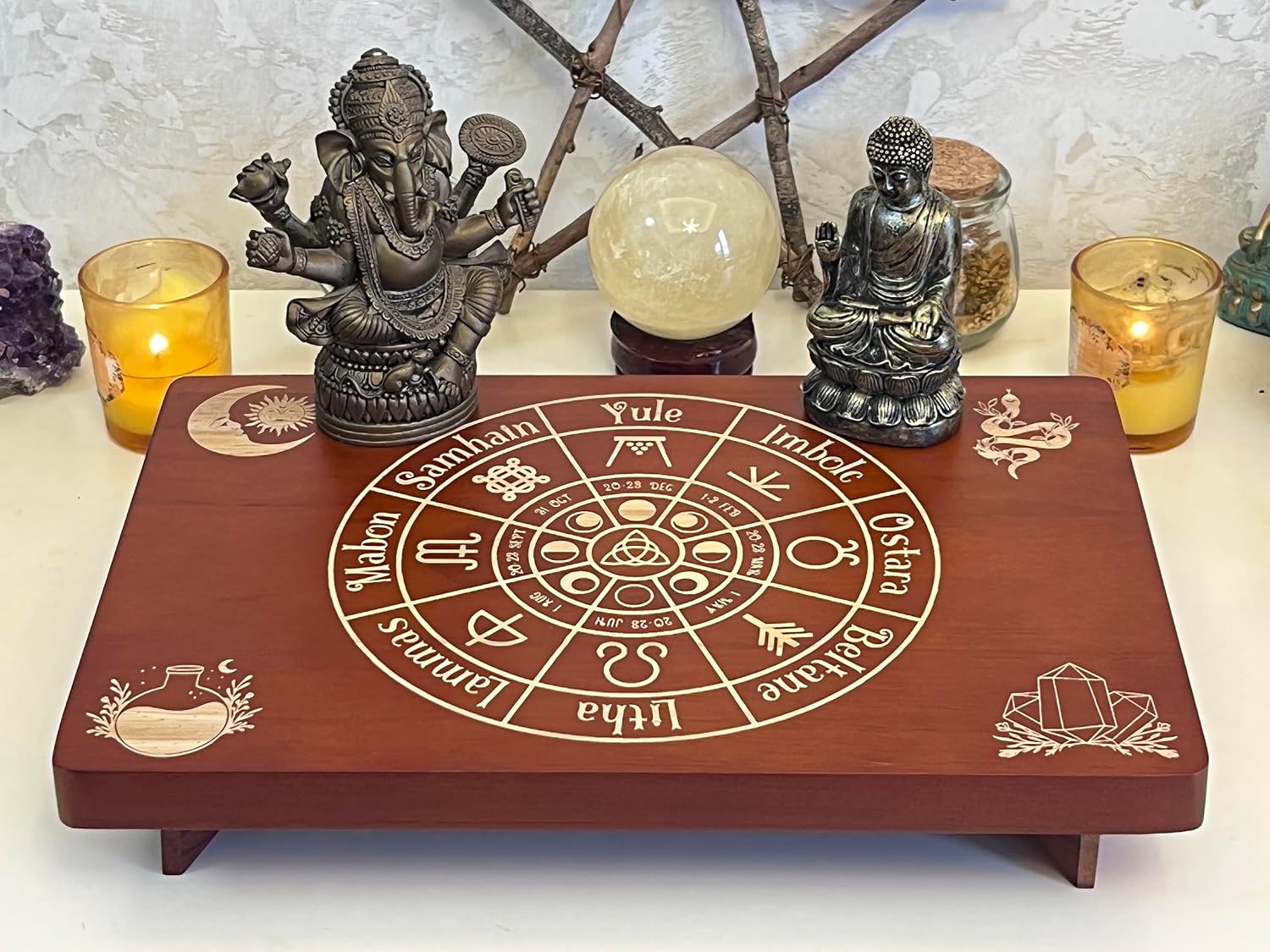 Altar Table, Meditation Table, Small Altar Table, Wooden Witch Altar, Wiccan Alter Table, Buddhist Shrine, Engraved Wheel of The Year on Table Top, 12 × 8 inches