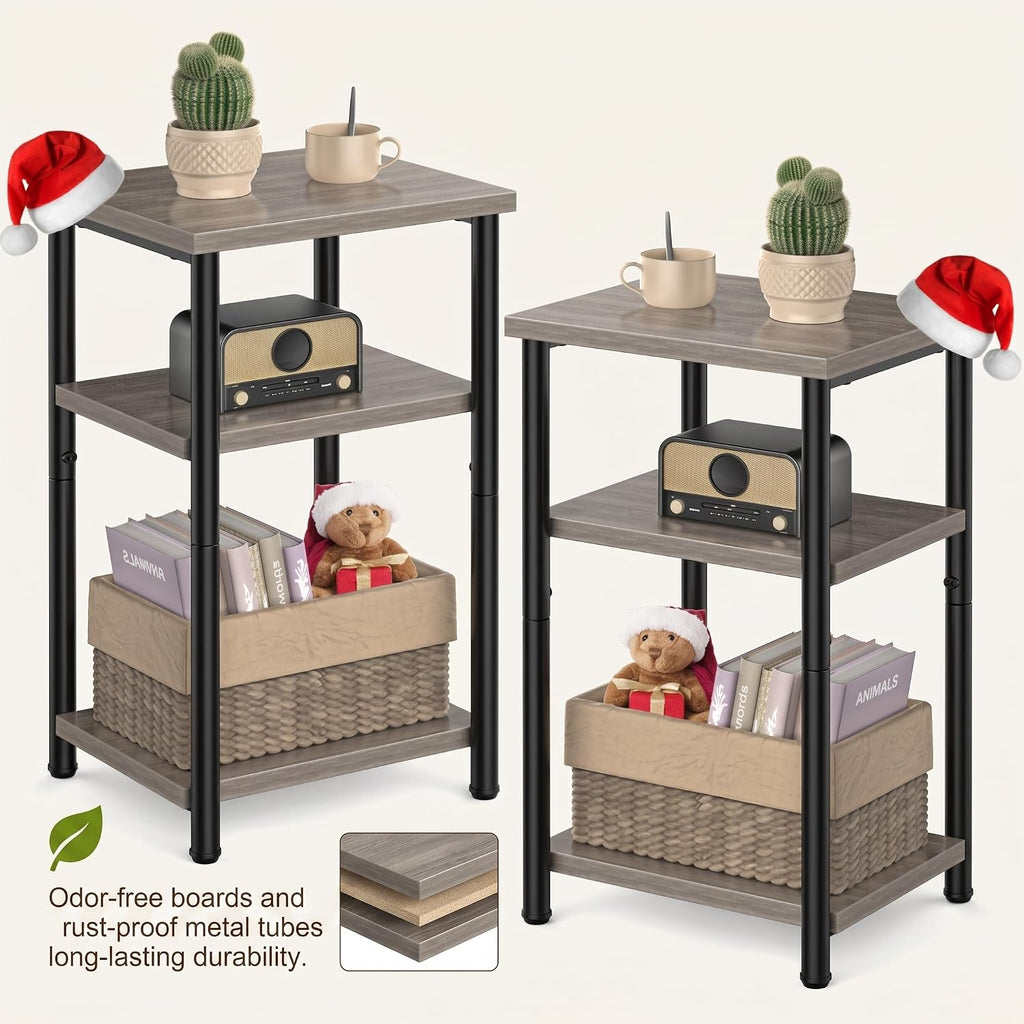 3 Tier Narrow End Table, Industrial Side Table for Sofa Couch, Sturdy Nightstand Bedside Table with Multi-Layer Storage Shelves, Small Accent Side Table for Living Room Bedroom Small Space (2, Grey)