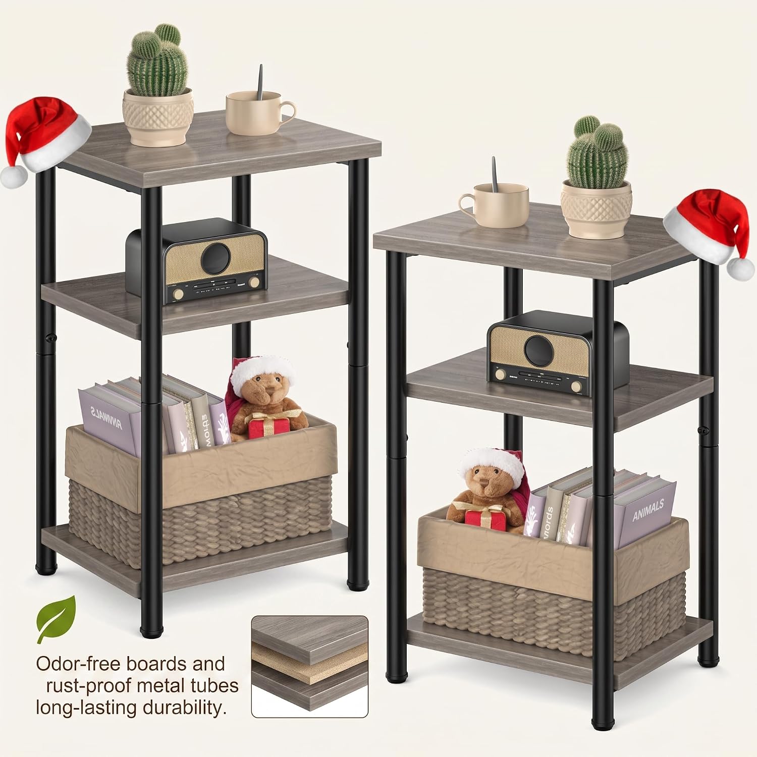 3 Tier Narrow End Table, Industrial Side Table for Sofa Couch, Sturdy Nightstand Bedside Table with Multi-Layer Storage Shelves, Small Accent Side Table for Living Room Bedroom Small Space (2, Grey)
