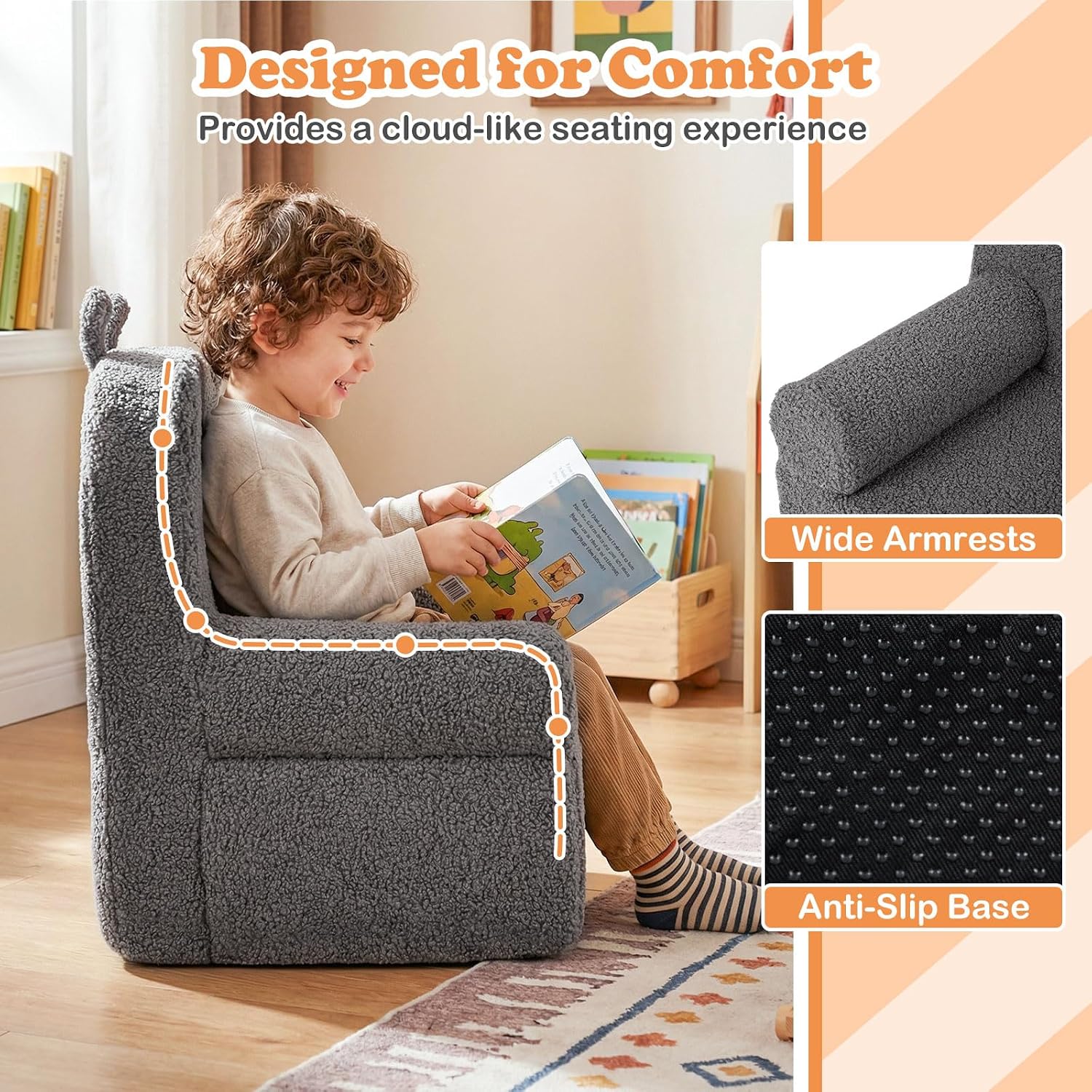 Costzon Kids Sofa, Comfy Bear Toddler Foam Couch with Soft Fleece Fabric Cover, Kids Furniture for Playroom, Children Reading Armchair for Boys & Girls Aged 3+ (["Teddy Fleece],Grey)