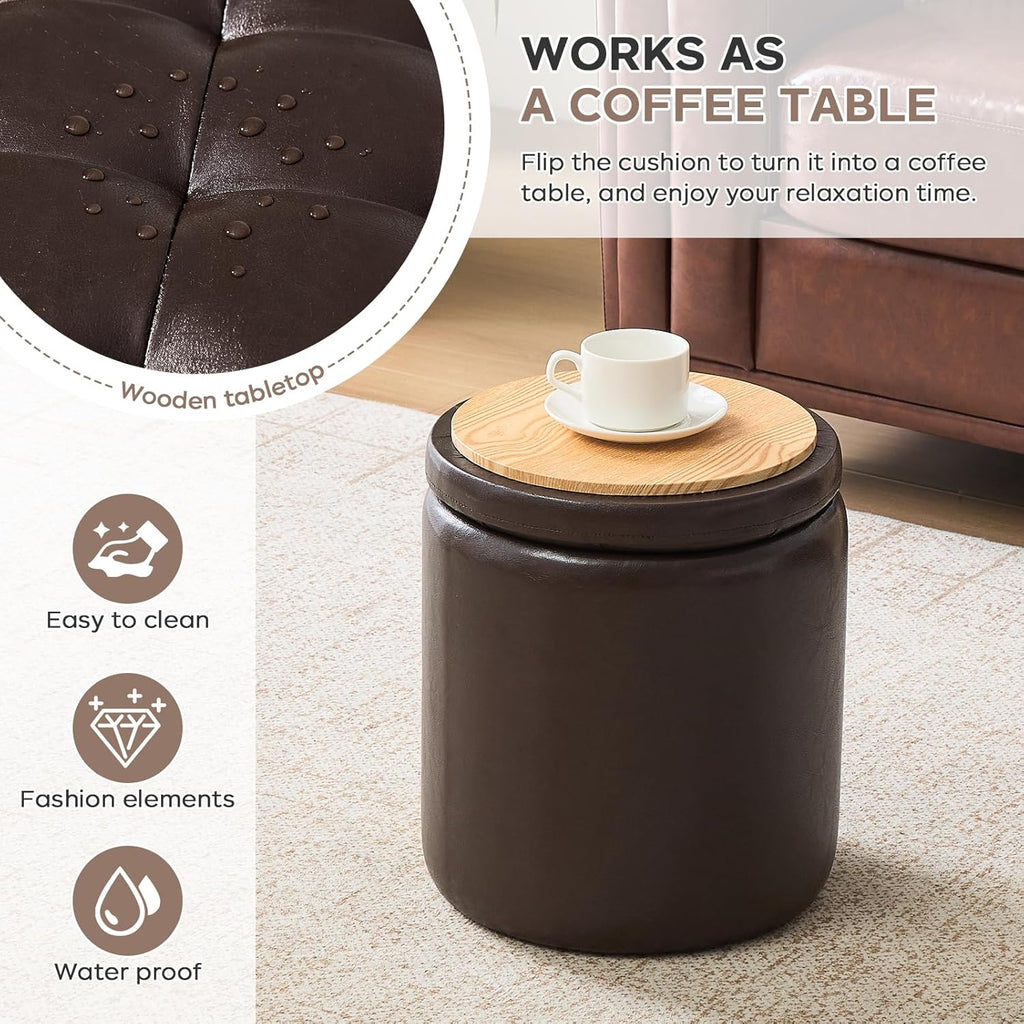 oakvivo Round Set of 2 14.76" L x 14.76" W x 17.32" H Faux Leather Ottoman with Storage, Small Foot Rest Storage Ottomen with Lid Living Room, Bedroom Vanity Stool Chair, Coffee