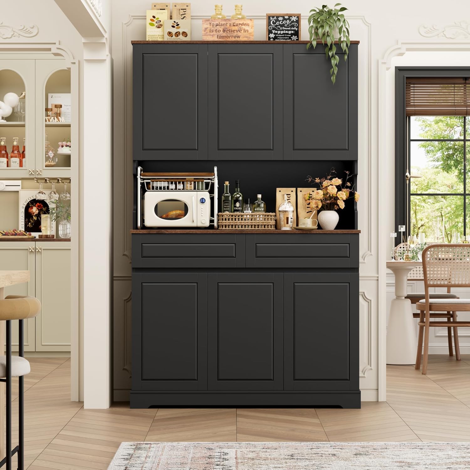 FACBOTALL 74" Pantry Cabinet, Tall Kitchen Pantry Cabinet with 6 Doors and 2 Drawers, Kitchen Hutch with Wide Countertop, Modern Kitchens Cupboard with Adjustable Shelves and Charge Holes, Black