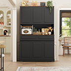 FACBOTALL 74" Pantry Cabinet, Tall Kitchen Pantry Cabinet with 6 Doors and 2 Drawers, Kitchen Hutch with Wide Countertop, Modern Kitchens Cupboard with Adjustable Shelves and Charge Holes, Black