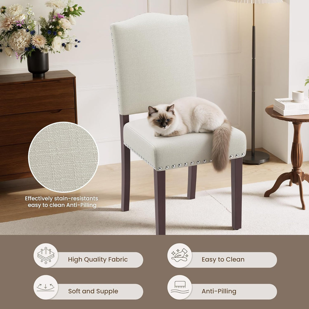 Upholstered Dining Chairs Set of 6 with Thickened Seat Cushion, Wooden Mid-Century Modern Fabric Farmhouse Kitchen Chairs for Dining Room Living/Restaurant/Reading Room(Beige)