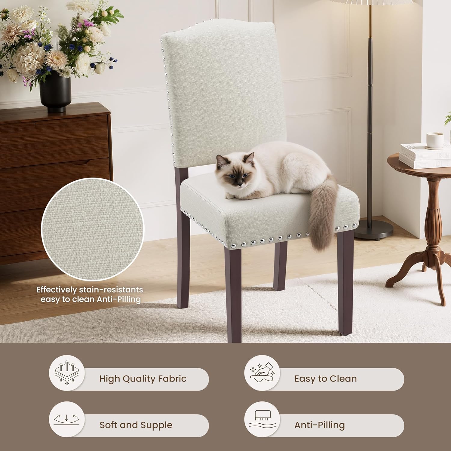 Upholstered Dining Chairs Set of 6 with Thickened Seat Cushion, Wooden Mid-Century Modern Fabric Farmhouse Kitchen Chairs for Dining Room Living/Restaurant/Reading Room(Beige)