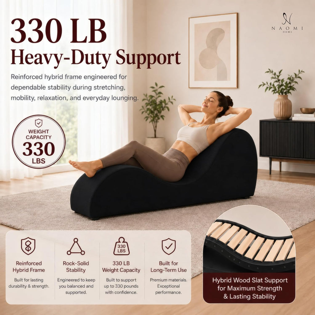 Naomi Home Yoga Chair for Adults - Ergonomic Yoga Chaise Lounge Bench, Wood & Metal Frame, 330 lb Capacity, Upholstered Microfiber Lounge for Deep Stretching, Relaxation & Creative Comfort - Black