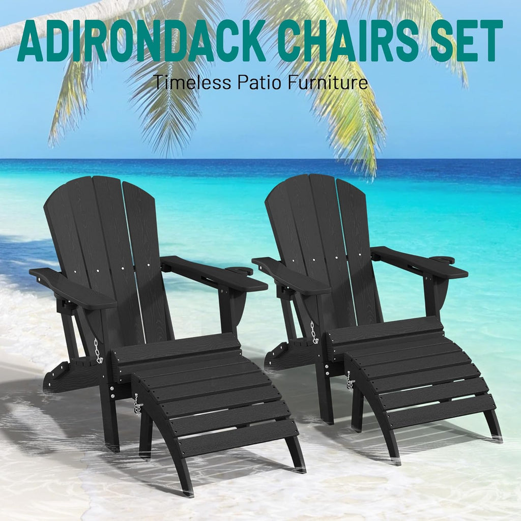 PLUUV Folding Adirondack Chair Set of 2, Easy Storage Space Saving, 380 LBS Capacity Weather Resistant HDPE with Two-Cup Holder for Outdoor Patio Fire Pit Gathering, Black
