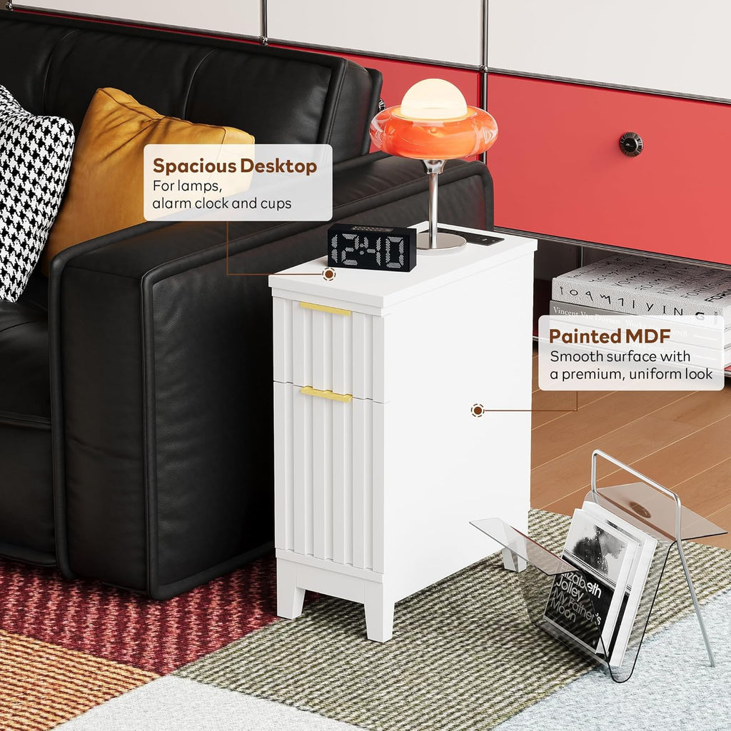 LAZZO End Tables Living Room Set of 2 Narrow End Table 7.9" Nightstands Set of 2 Modern Fluted Front Bedside Tables with 2 Drawers and Charging Station for Living Room, Bedroom, Small Space White