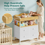 POKIPO Bamboo Changing Table Dresser with Sturdy Metal Frame, 4 Fabric Drawers, 3-in-1 Baby Dresser with Changing Table Top, Diaper Changing Station and Storage Organizer for Modern Nursery