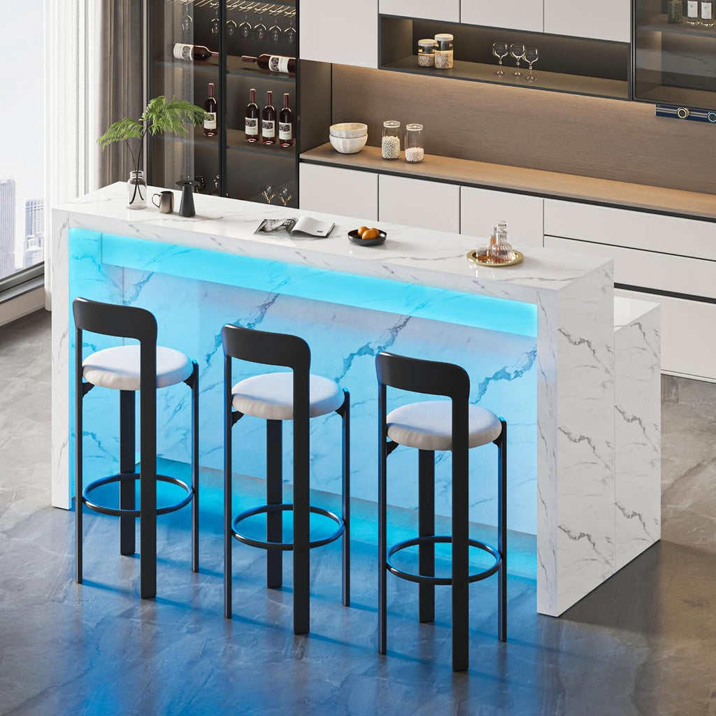 71" Large Faux Marble Dining Table with LED Lights, Modern Rectangle Kitchen Island Table with Charging Station for 6 People, Home Bar Unit with 2-Tier Shelf for Dining Room, Bar, Living Room, White
