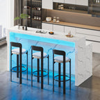 71" Large Faux Marble Dining Table with LED Lights, Modern Rectangle Kitchen Island Table with Charging Station for 6 People, Home Bar Unit with 2-Tier Shelf for Dining Room, Bar, Living Room, White