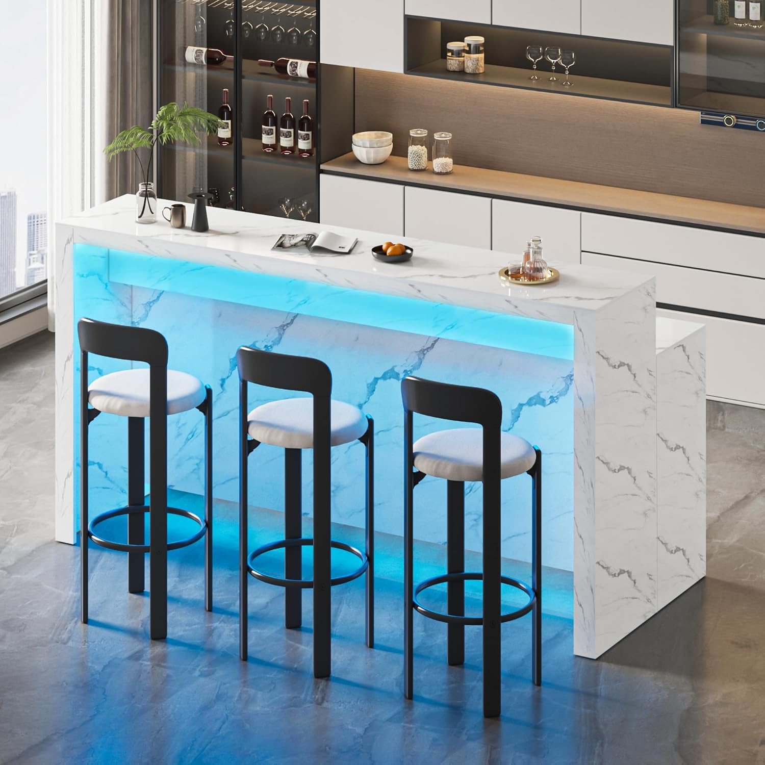 71" Large Faux Marble Dining Table with LED Lights, Modern Rectangle Kitchen Island Table with Charging Station for 6 People, Home Bar Unit with 2-Tier Shelf for Dining Room, Bar, Living Room, White