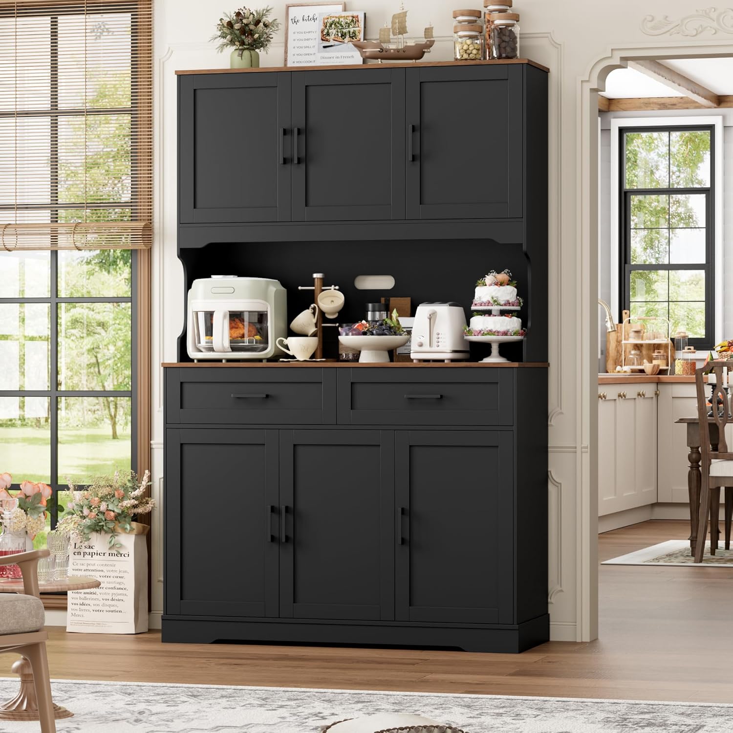 FACBOTALL Tall Kitchen Pantry Cabinet, Farmhouse Food Pantry Cabinet with Doors and Adjustable Shelves, Kitchen Hutch with Countertop and Microwave Stand for Dining Room, Living Room, Black