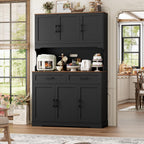 FACBOTALL Tall Kitchen Pantry Cabinet, Farmhouse Food Pantry Cabinet with Doors and Adjustable Shelves, Kitchen Hutch with Countertop and Microwave Stand for Dining Room, Living Room, Black