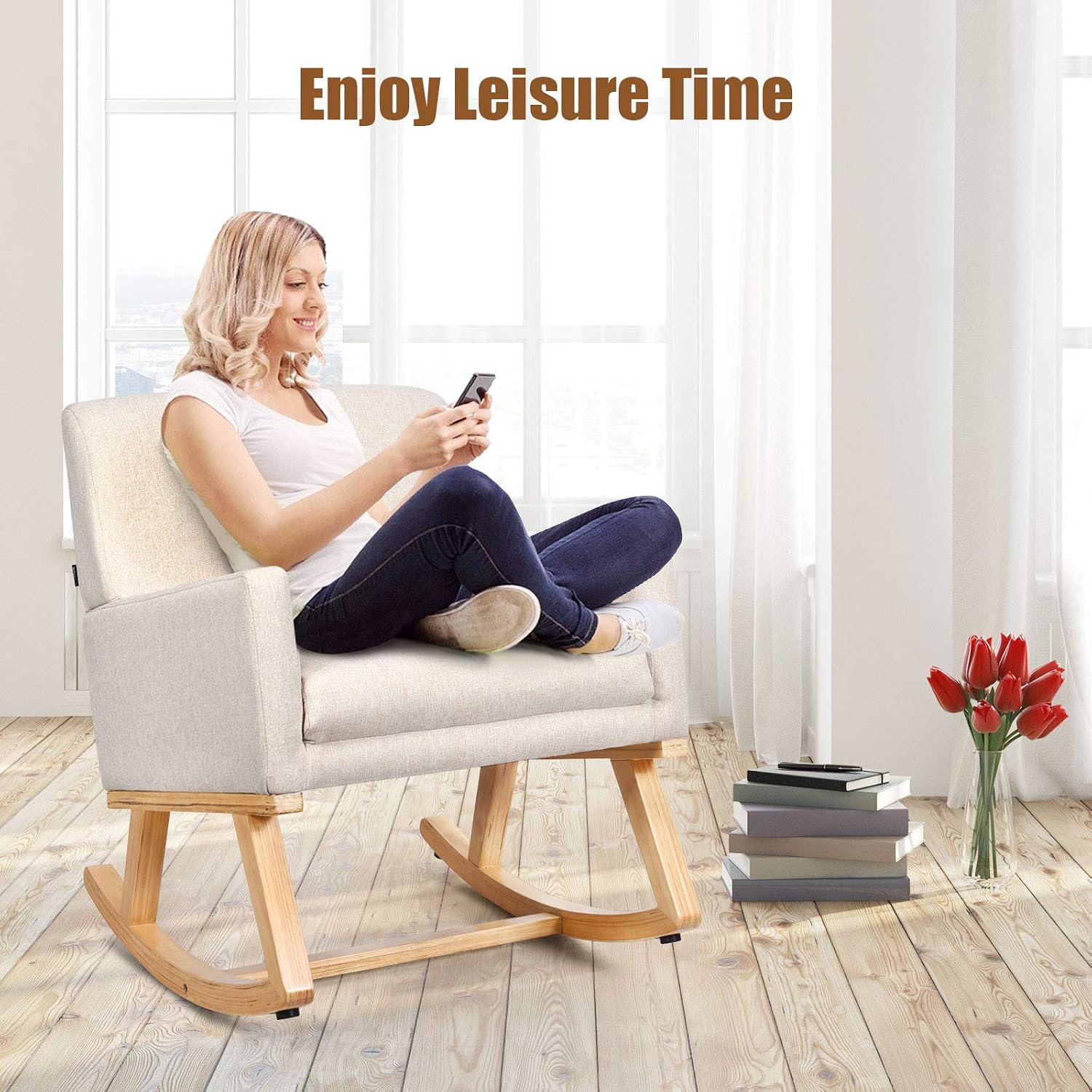 POWERSTONE Upholstered Rocking Glider Nursery Mid Century Accent Lounge Arm Chairs for Small Spaces Bedroom Living Room (Beige)