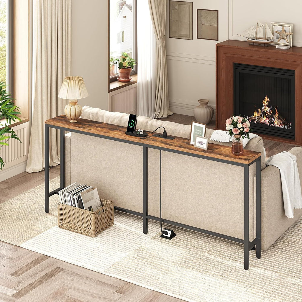 MAHANCRIS 70.9'' Console Table with Power Outlet, Narrow Sofa Table with Charging Station, Skinny Behind Couch Table for Entryway, Hallway, Foyer, Living Room, Rustic Brown CTHR18E01Z1
