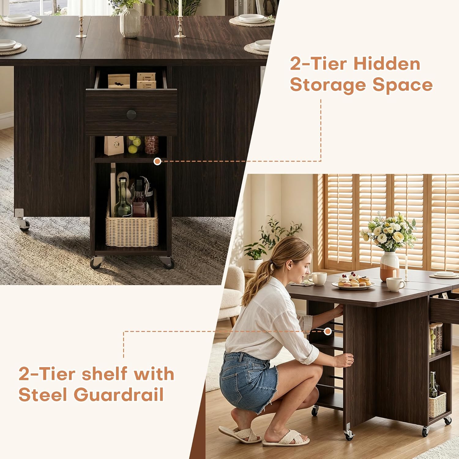 Jocoevol Space Saving Folding Dining Table for 4, Foldable Dining Table with Drawer and Storage Shelf, 6 Wheels Drop Leaf Kitchen Dining Room Table for Small Space (Walnut, 47.2" x 23.6" x 29.9")