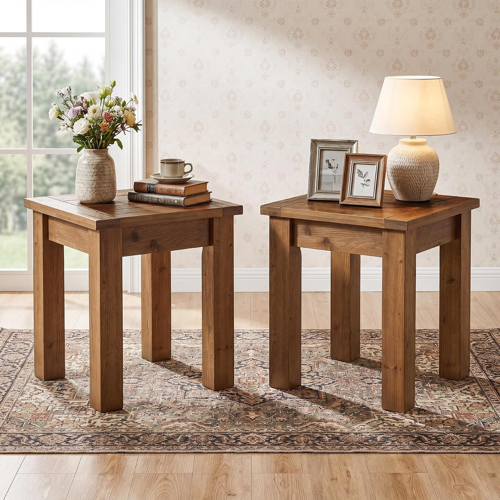 Solid Wood Side Table Set of 2, Farmhouse Square End Tale with Stable 4 Legs for Small Spaces, Living Room, Bedroom