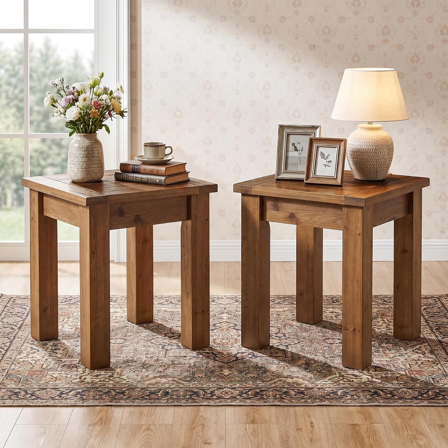 Solid Wood Side Table Set of 2, Farmhouse Square End Tale with Stable 4 Legs for Small Spaces, Living Room, Bedroom