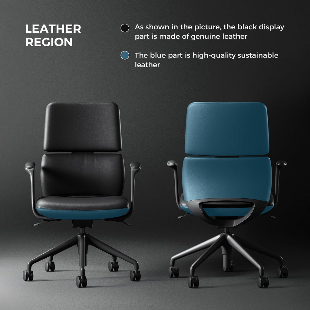 TOMU Genuine Leather Office Desk Chair with Wheels, Ergonomic Leather Executive Chair, Mid Back, Swivel Base with Adjustable Tilt, Modern Style, Luxury Aluminum Frame