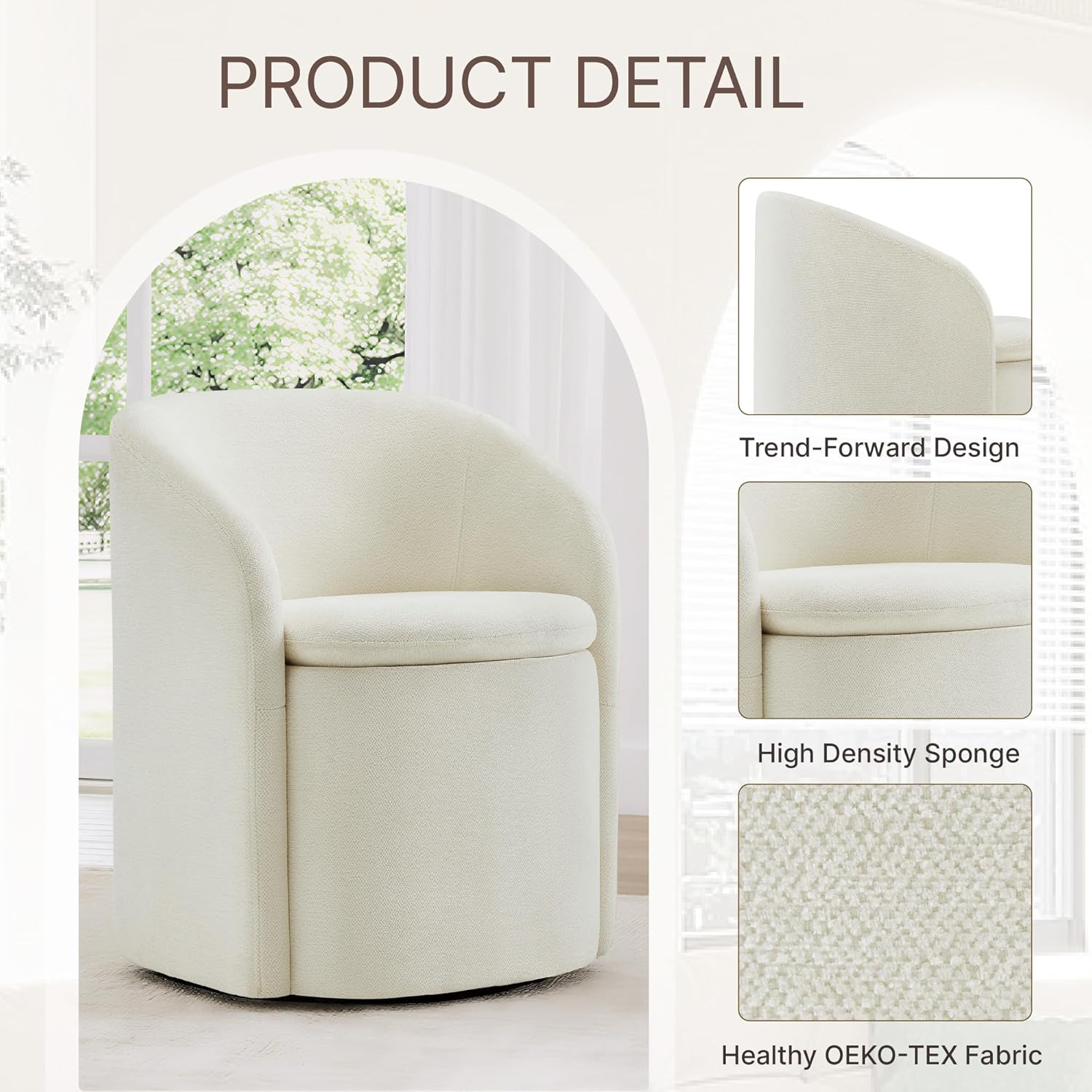 KISLOT Upholstered Dining Chairs with Casters, No Assembly Rolling Modern Dining Room Chairs with Hidden Storage & Barrel Backrest, Accent Chair for Bedroom, Living Room, Dressing, Linen, Set of 1